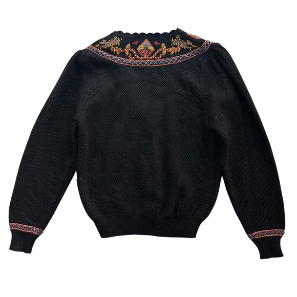 Herman Geist Sm Black Floral Hand Embroidered Wool Cardigan, Sweater Cottagecore - Picture 3 of 16